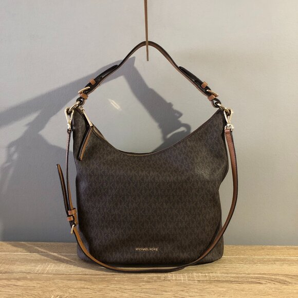Michael Kors Lupita Signature Brown Monogram Large Hobo Shoulder Bag - Picture 1 of 13